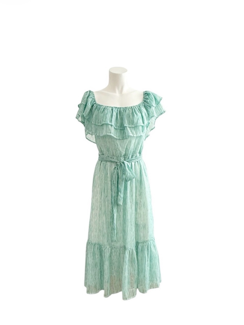 Flying Tomato Off Shoulder Green Striped MIDI Dress